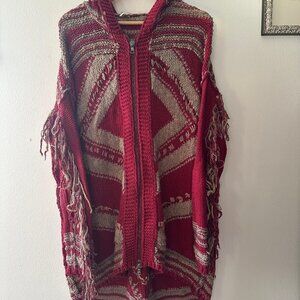 Women's Free People Zip Up Knit Sweater - Red, Tan - Fringe Details - Size L